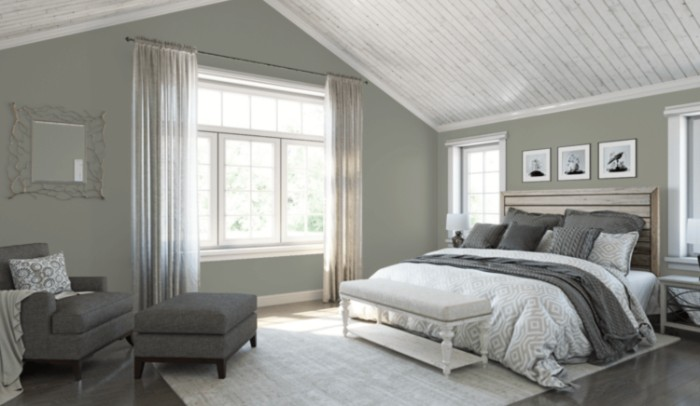 Considered the most neutral of this collection of sage green paint, this whimsical Sherwin Williams muted color would be a perfect pairing with a white shiplap ceiling.